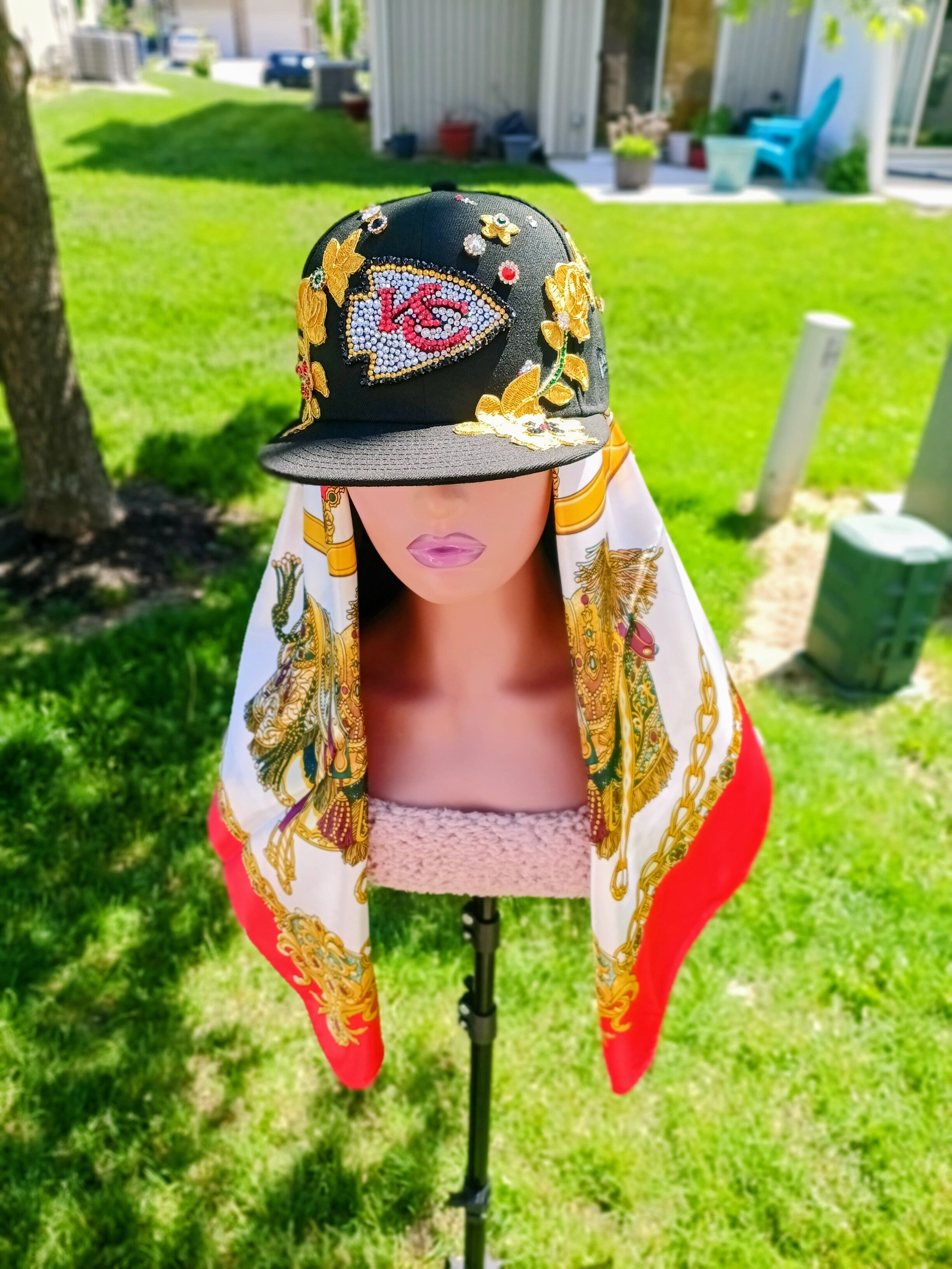 KC Chiefs Luxury Scarf Crown — Rhinestone Pearl & Gold Rose Fitted Snapback