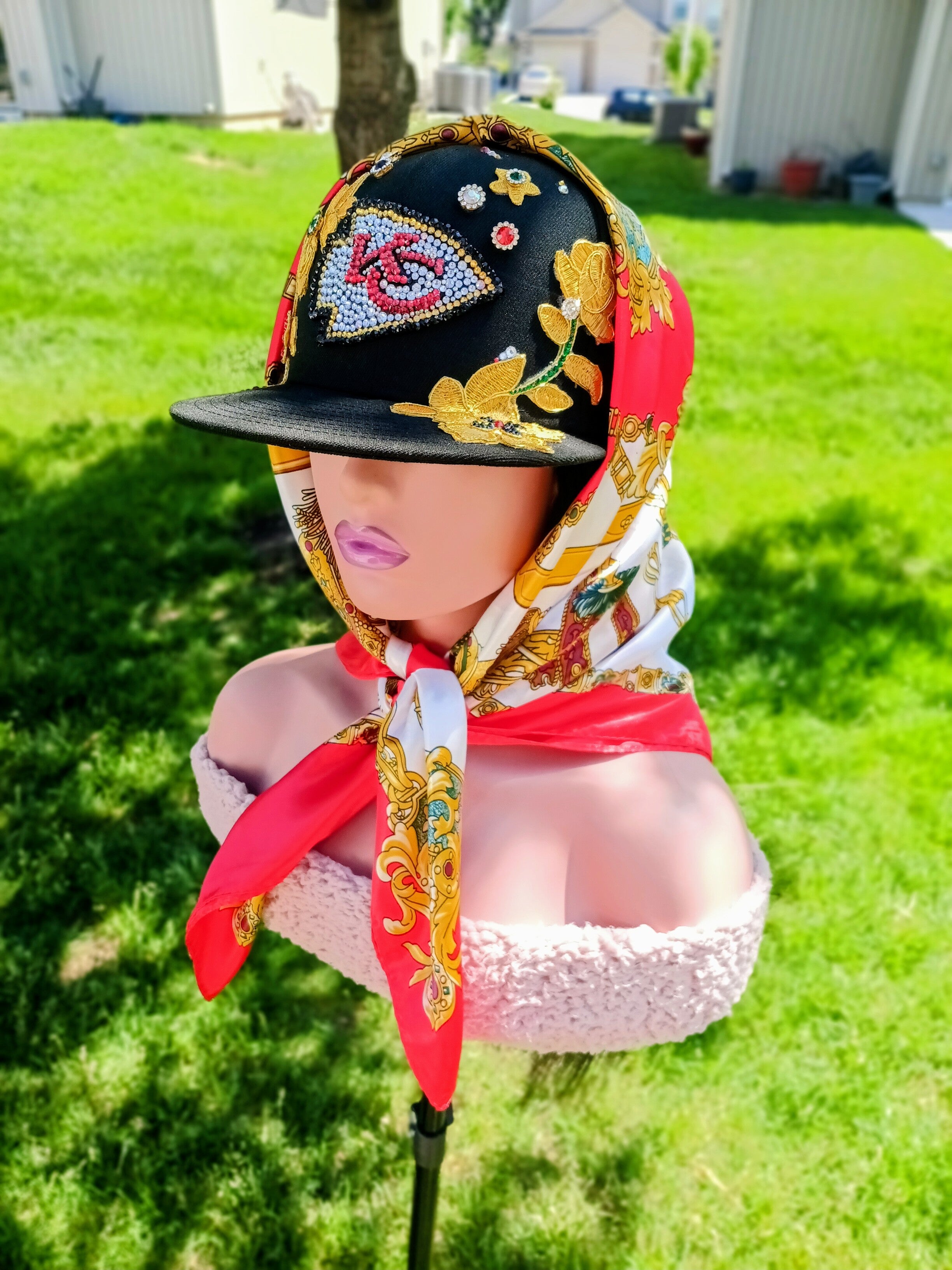 KC Chiefs Luxury Scarf Crown — Rhinestone Pearl & Gold Rose Fitted Snapback