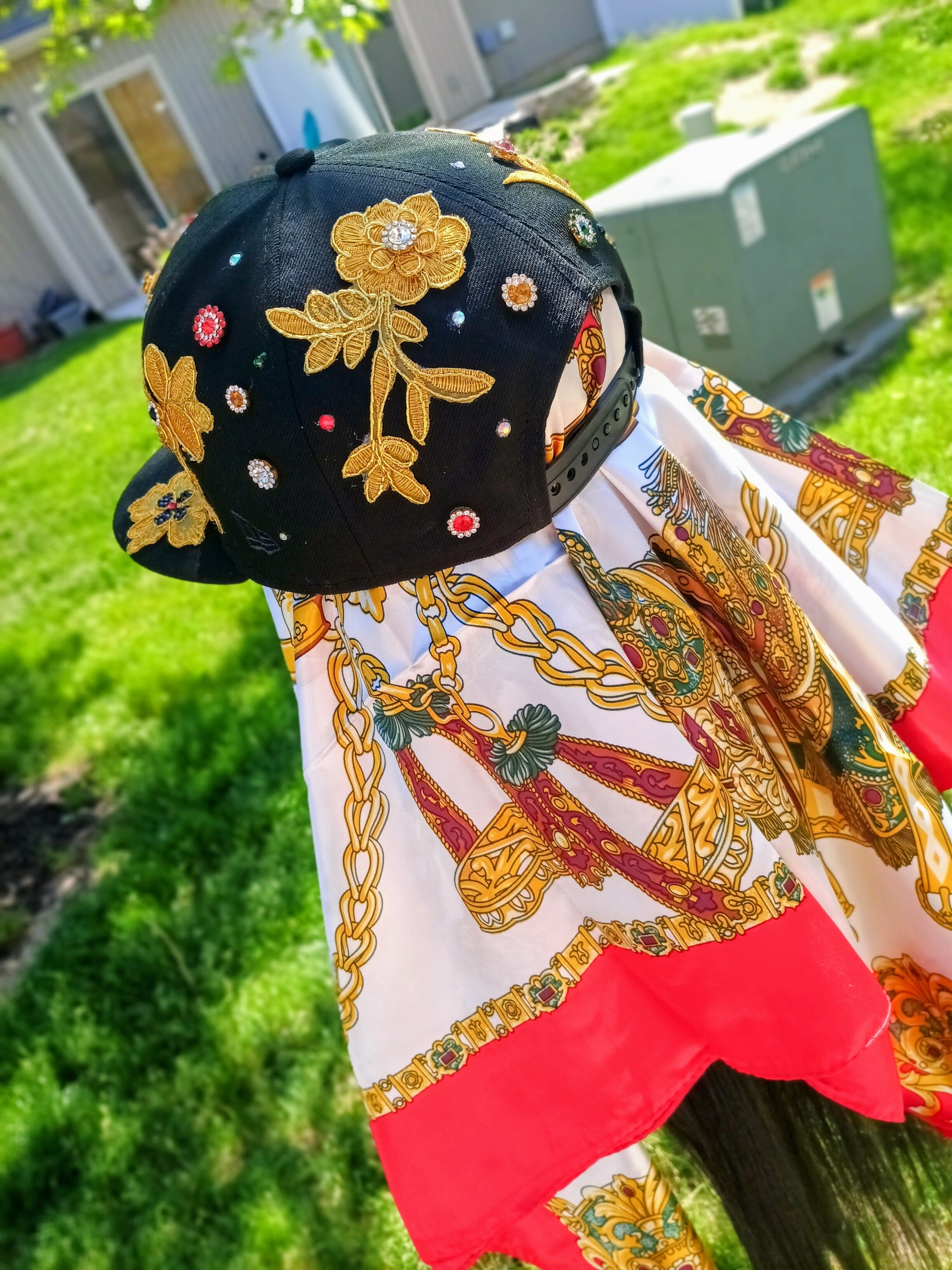 KC Chiefs Luxury Scarf Crown — Rhinestone Pearl & Gold Rose Fitted Snapback
