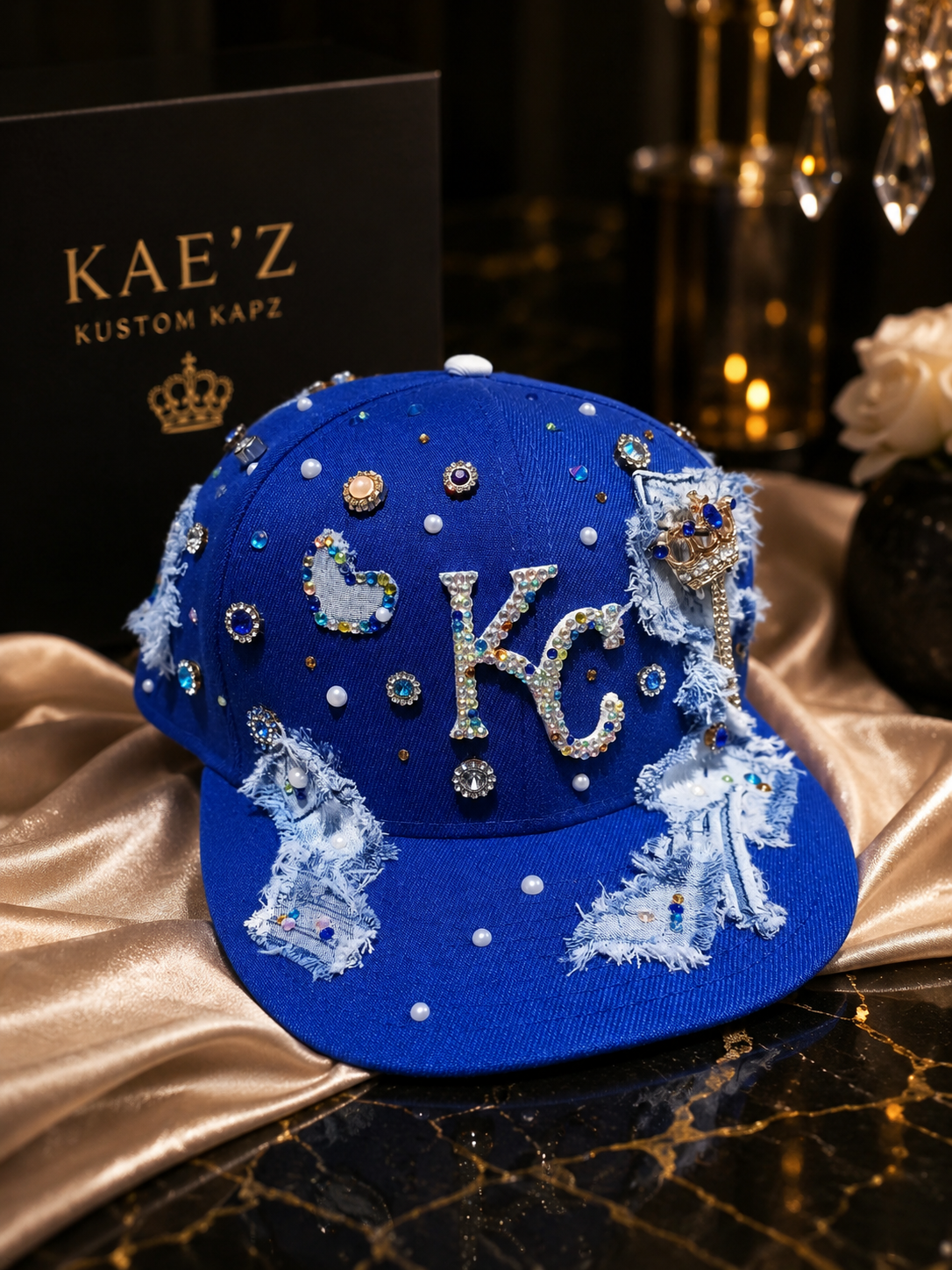 Distressed Denim KC Royals Rhinestone & Pearl Fitted Snapback