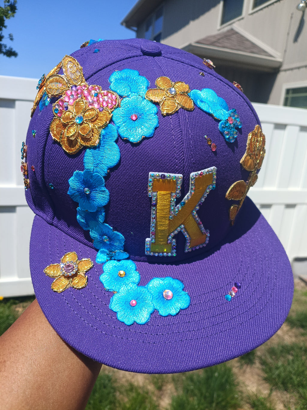Custom Floral Garden Initial Fitted Snapback — Rhinestone & Embroidered Flowers