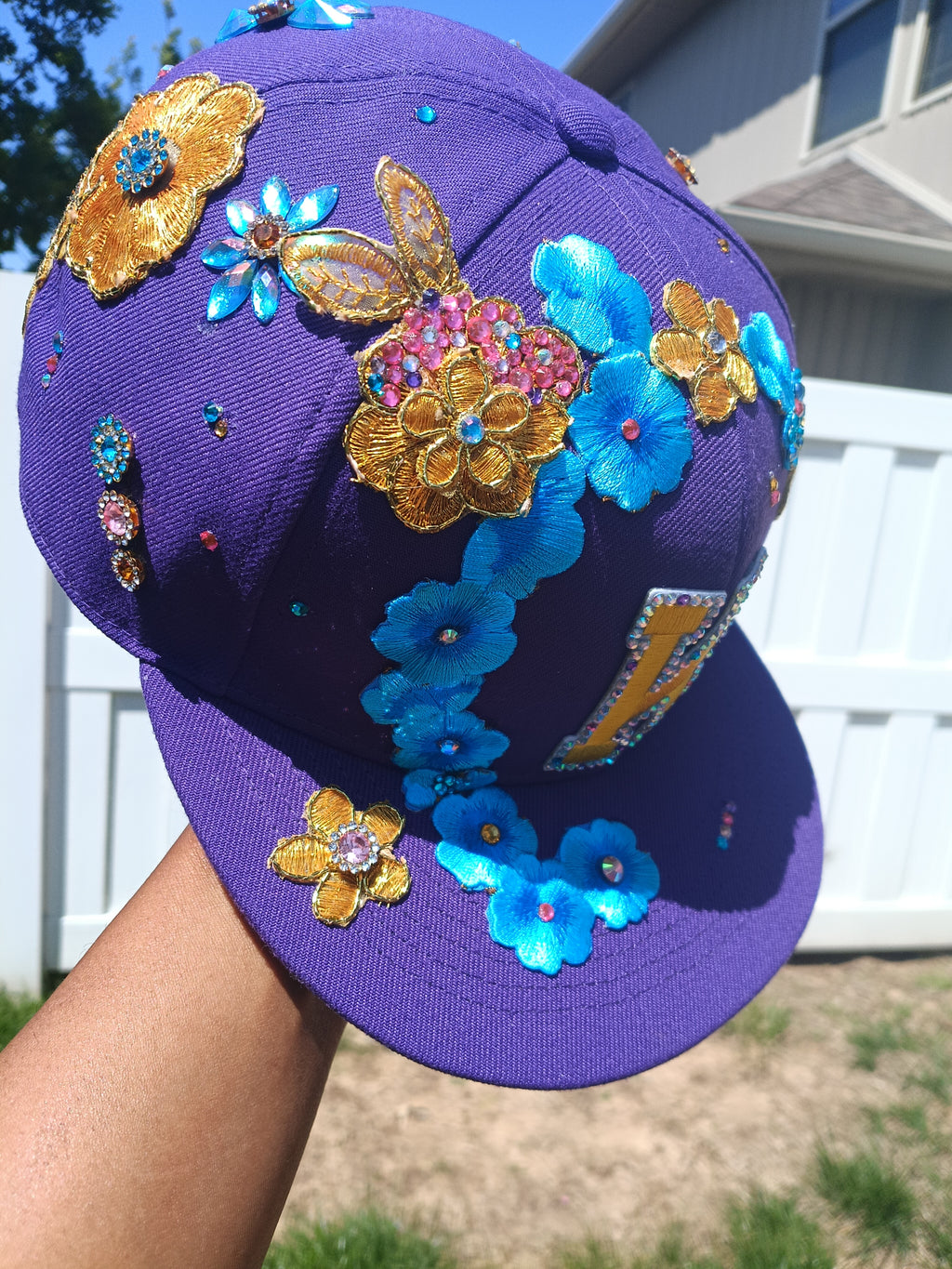 Custom Floral Garden Initial Fitted Snapback — Rhinestone & Embroidered Flowers