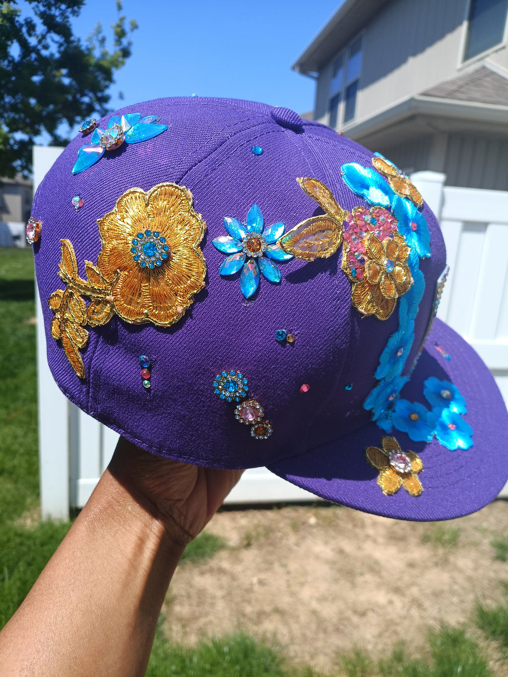 Custom Floral Garden Initial Fitted Snapback — Rhinestone & Embroidered Flowers