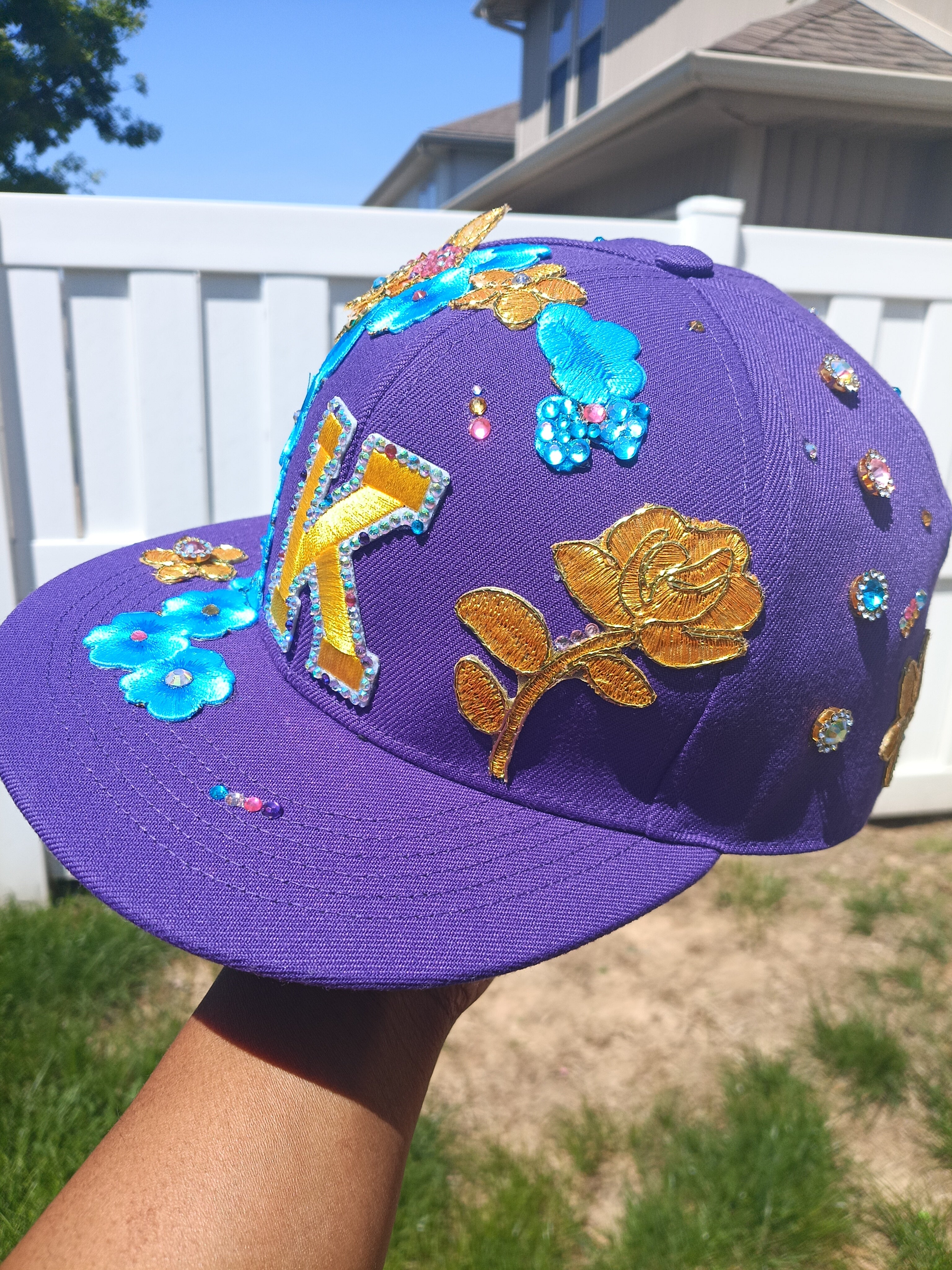 Custom Floral Garden Initial Fitted Snapback — Rhinestone & Embroidered Flowers