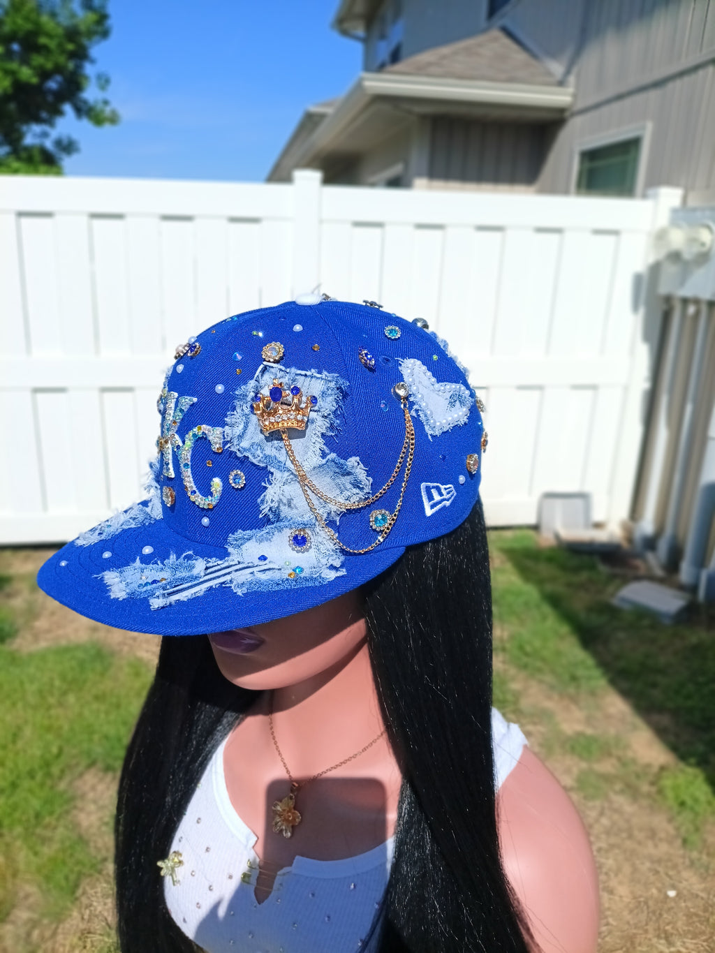 Distressed Denim KC Royals Rhinestone & Pearl Fitted Snapback