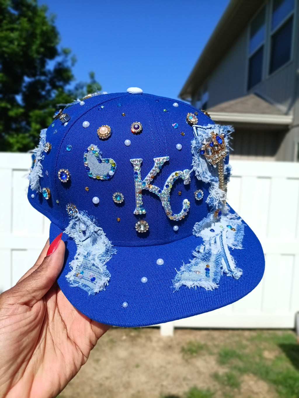 Distressed Denim KC Royals Rhinestone & Pearl Fitted Snapback
