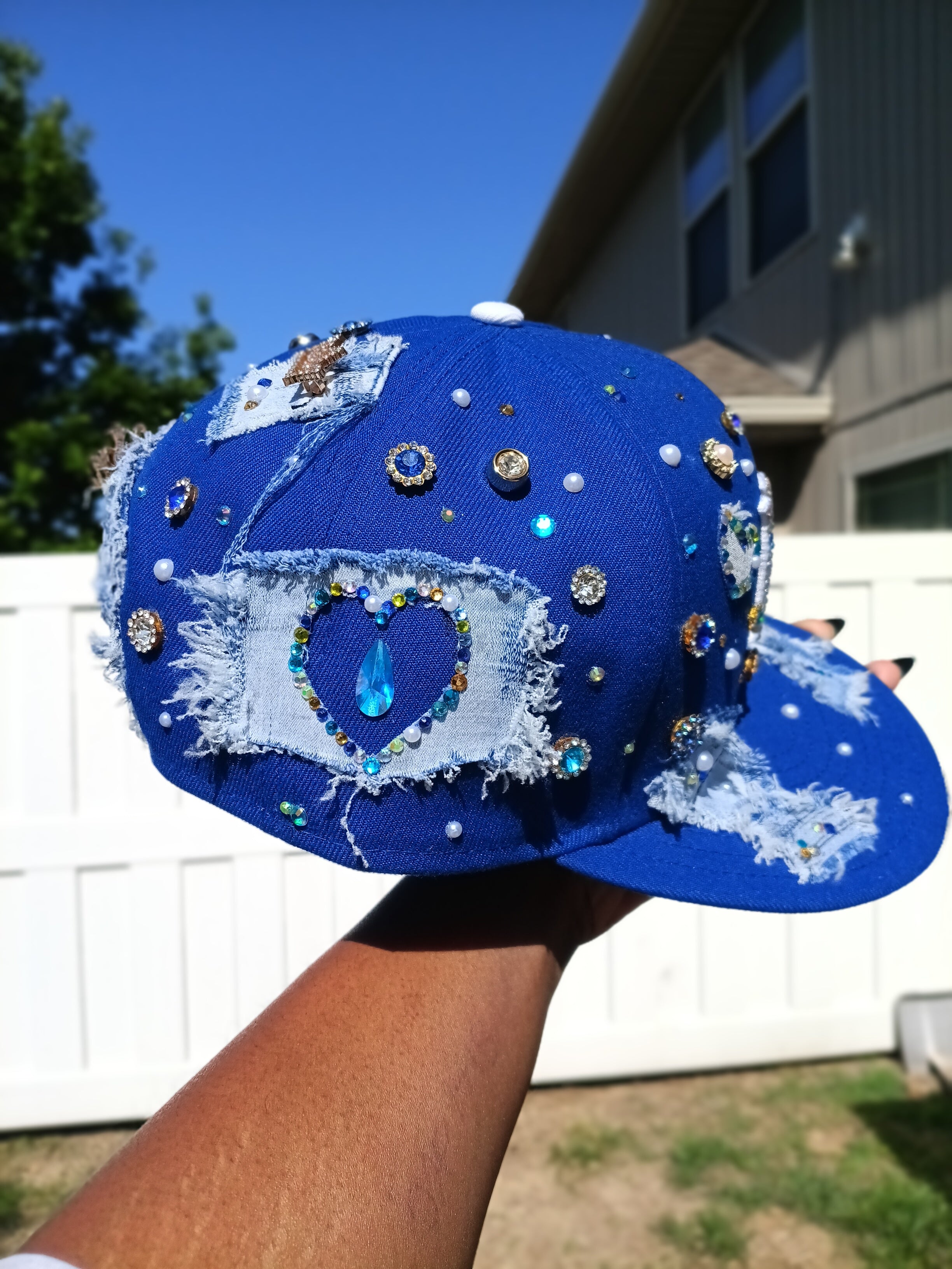 Distressed Denim KC Royals Rhinestone & Pearl Fitted Snapback