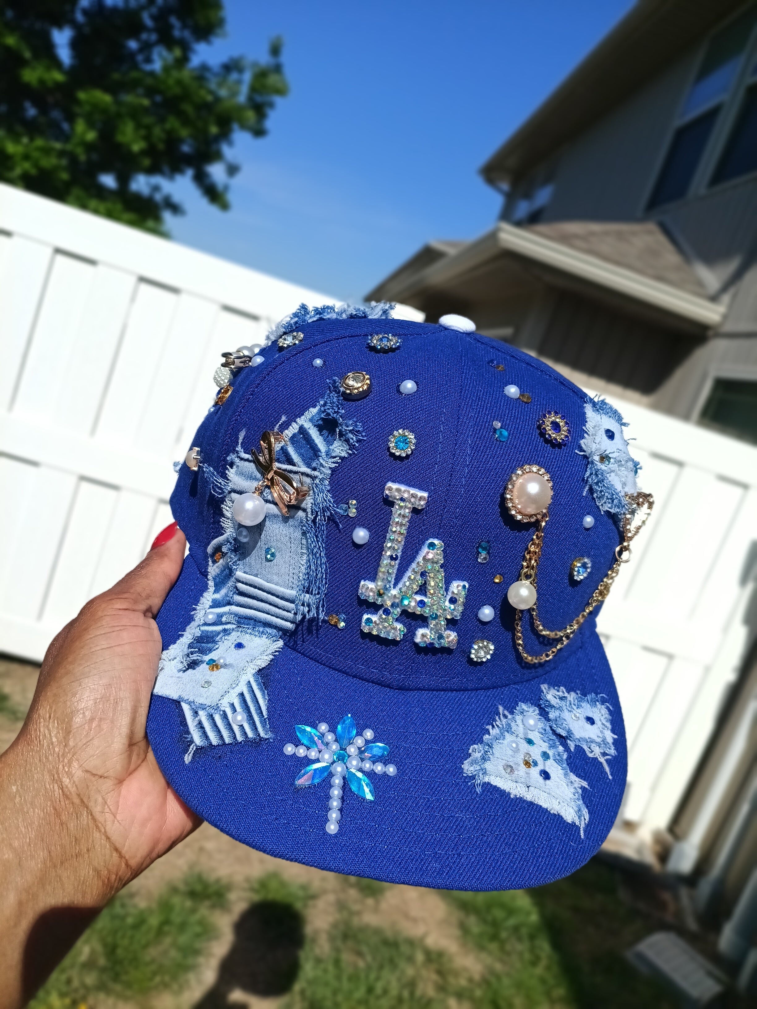 Distressed Denim LA Dodgers Rhinestone Pearl & Chain Fitted Snapback