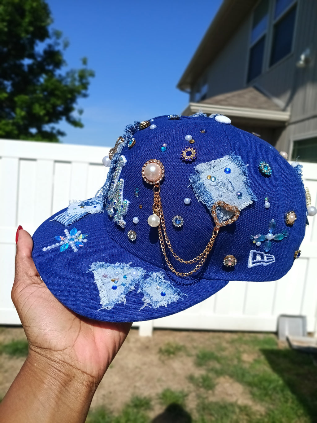 Distressed Denim LA Dodgers Rhinestone Pearl & Chain Fitted Snapback