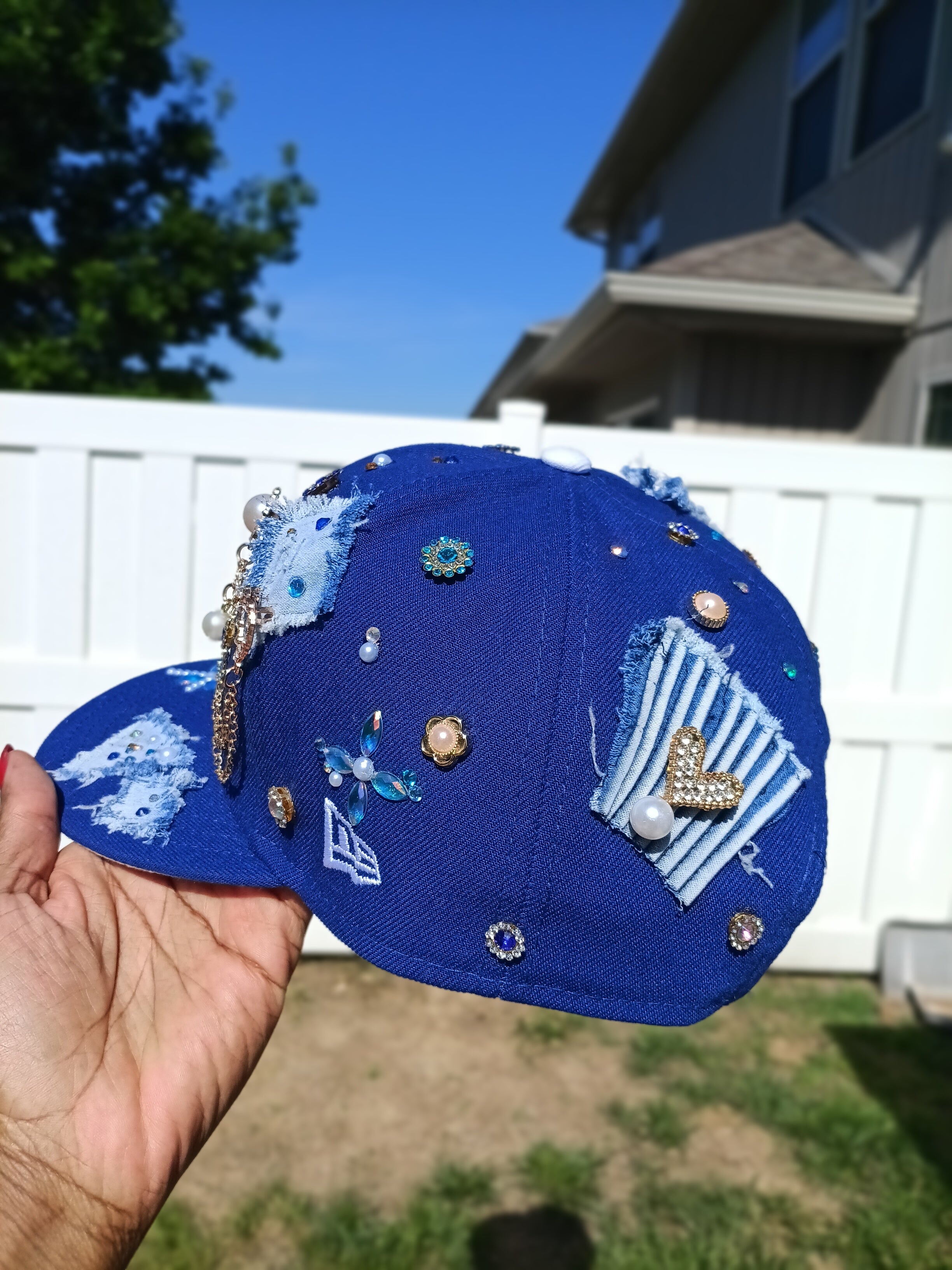 Distressed Denim LA Dodgers Rhinestone Pearl & Chain Fitted Snapback