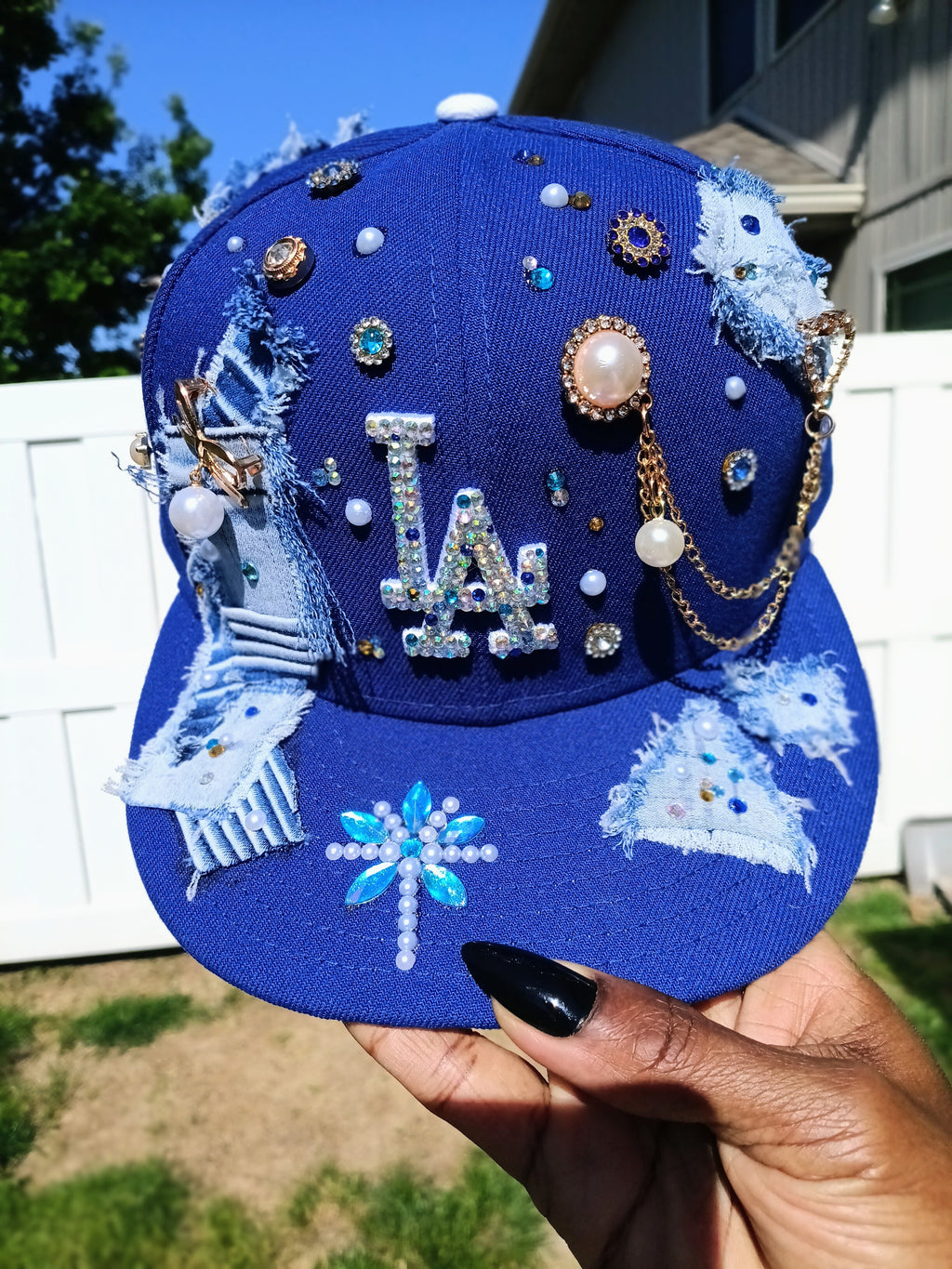 Distressed Denim LA Dodgers Rhinestone Pearl & Chain Fitted Snapback