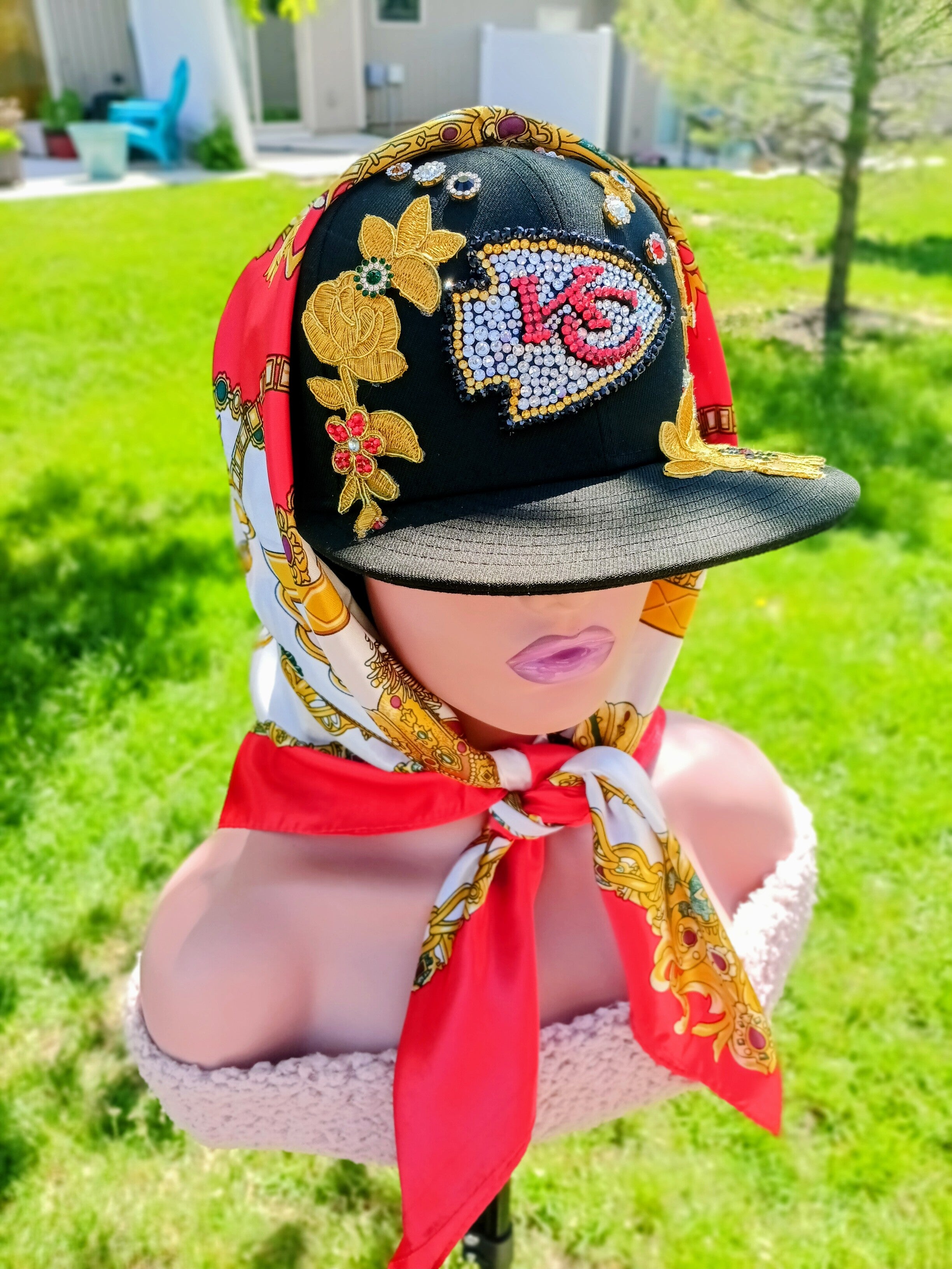 KC Chiefs Luxury Scarf Crown — Rhinestone Pearl & Gold Rose Fitted Snapback